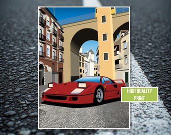 Póster del coche deportivo clásico Ferrari F40, impreso enmarcado o sin marco.