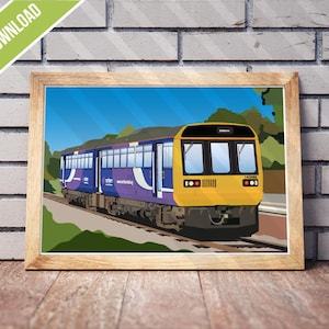 May include: A framed digital download print of a train. The train is yellow and blue, with a purple stripe. The background is a blue sky and green trees. The frame is light brown, and the text "DIGITAL DOWNLOAD" is in the upper left corner.