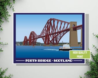 Forth Bridge Scotland Landscape Print | Vintage Style Travel Poster, Landmark Decor