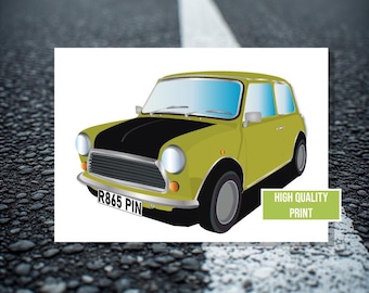 Impresión artística digital del clásico Mini Cooper con colores, molduras, matrícula y más personalizados.