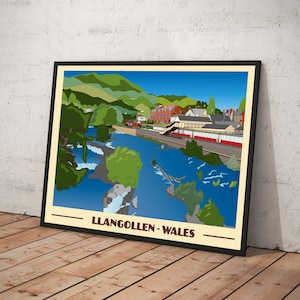 Vintage style travel poster print of Llangollen in North Wales, various sizes available