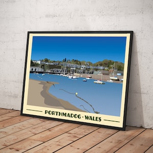 Vintage style travel poster print of Porthmadog in North Wales, various sizes available