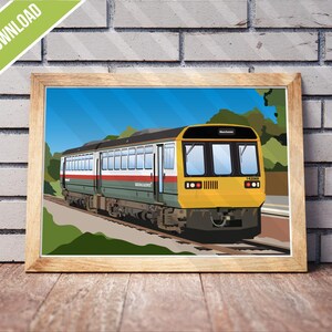 May include: A framed digital download print of a train. The train is yellow, green, red, and white, with a black roof and windows. The background features a blue sky and green trees. The frame is light brown, and the text "DIGITAL DOWNLOAD" is in a green banner.