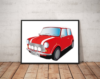 Classic Mini Cooper Digital art print with personalised colours, trim, number plate and more