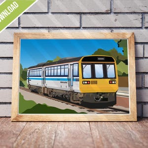 May include: Digital download of a framed illustration of a yellow, white, and blue train on tracks, set against a blue sky and green landscape. The frame is light brown, and the text "DIGITAL DOWNLOAD" is in the upper left corner.