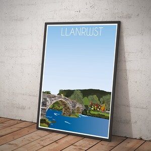 Vintage style travel poster print of Llanwrst in North Wales, various sizes available