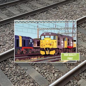 Impresión artística digital de las locomotoras BR Clase 31, 20, 47 y 58 en el patio de maniobras de Bescot