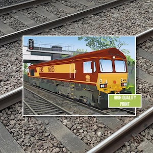 May include: A digitally illustrated train on tracks. The train is primarily brown and yellow with the text "EWS 66135" on the side. A green rectangle with the text "HIGH QUALITY PRINT" is in the lower right corner.