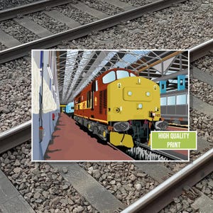 May include: A colorful illustration of a diesel locomotive inside a train station. The train is yellow and maroon, with the number 7422 on the front. The words "HIGH QUALITY PRINT" are in a green rectangle.