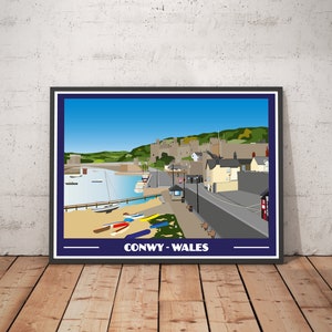Vintage style travel poster print of Conwy in North Wales, various sizes available