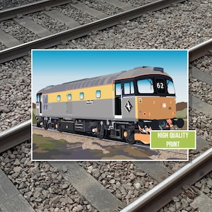 May include: A detailed illustration of a diesel locomotive, featuring a gray and yellow color scheme. The train is on a track with a blue sky background. The text "Sea King" is visible on the side of the train. The image also includes the text "HIGH QUALITY PRINT".