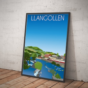 Vintage style travel poster print of Llangollen in North Wales, various sizes available