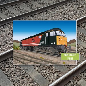 Puede incluir: Ilustración colorida de un tren Virgin sobre vías, sobre un cielo azul y colinas. El tren presenta detalles rojos, negros y amarillos, con el número 47812 visible. Incluye una etiqueta "HIGH QUALITY PRINT".