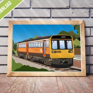 May include: Digital download art print of a yellow and orange train on tracks, framed in a light wood frame. The train is set against a blue sky and green trees. The words "DIGITAL DOWNLOAD" are in a green banner in the upper left corner.