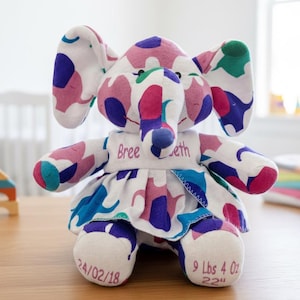 Personalized Baby Memorial Elephant Girl: Handmade Plush Toy from Hospital Blanket, Newborn Memory Gift