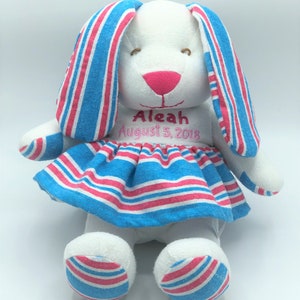 Personalized Newborn Memory Girl Bunny: Custom Keepsake Plush Made from Baby&#39;s Hospital Blanket