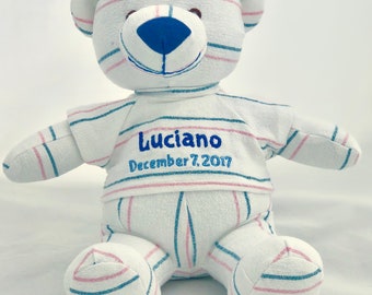 Stuffed Memory boy Bear made out of your baby's newborn receiving hospital blanket