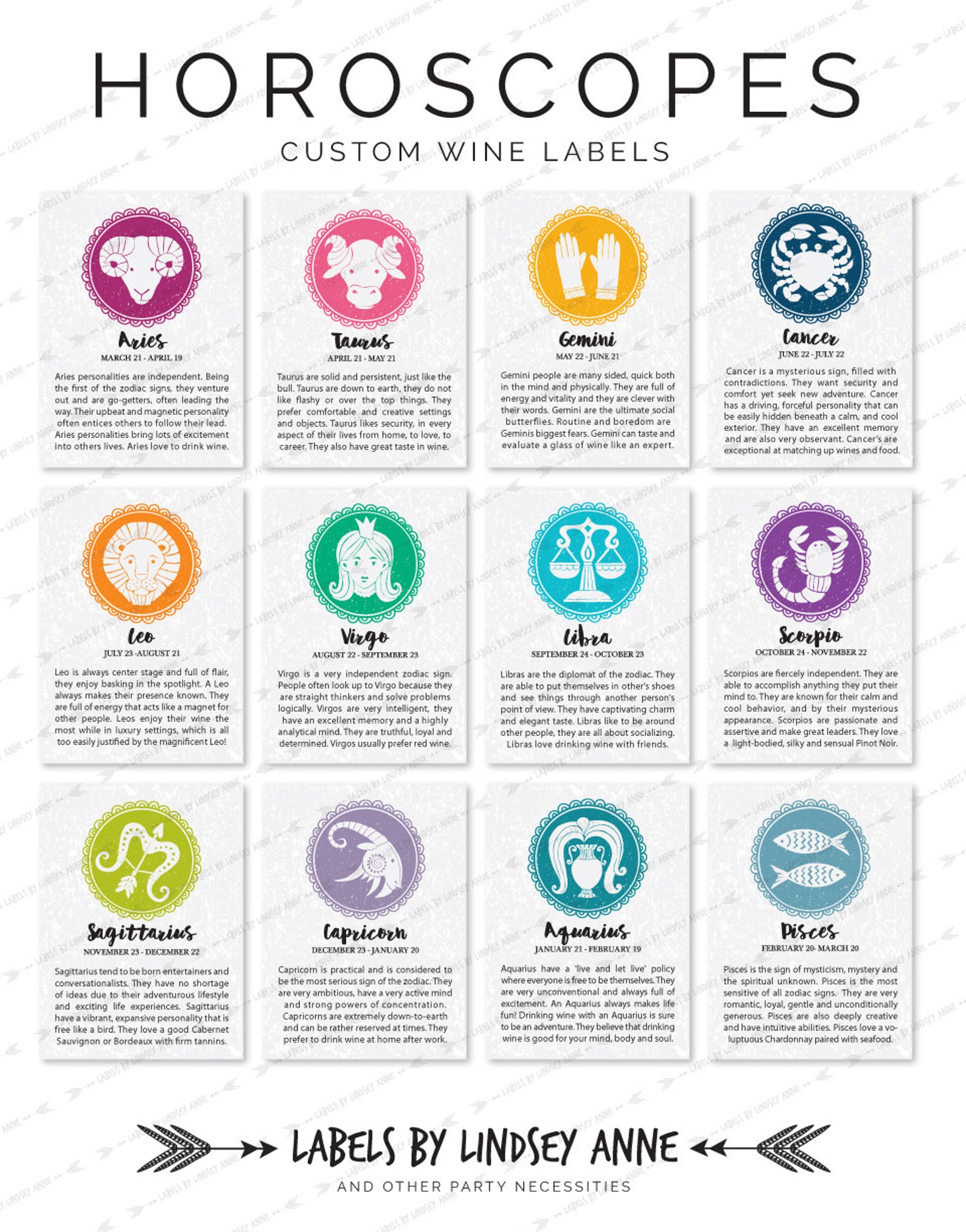 Horoscope Wine Labels Astrology Zodiac Cancer Scorpio Etsy