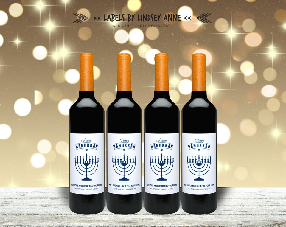 Happy Hanukkah Wine Labels festival of lights Menorah Etsy