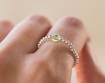 Birthstone Sterling Silver Beaded 14k Gold Ring - August Peridot