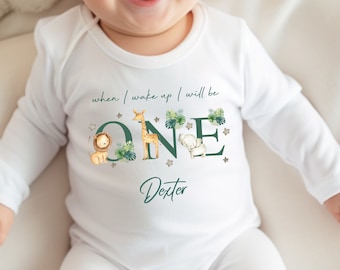 Safari Animal Birthday sleepsuit, Unisex Birthday vest, When I wake up I’ll be One, Wild One, Animal Safari elephant, Lion Giraffe romper