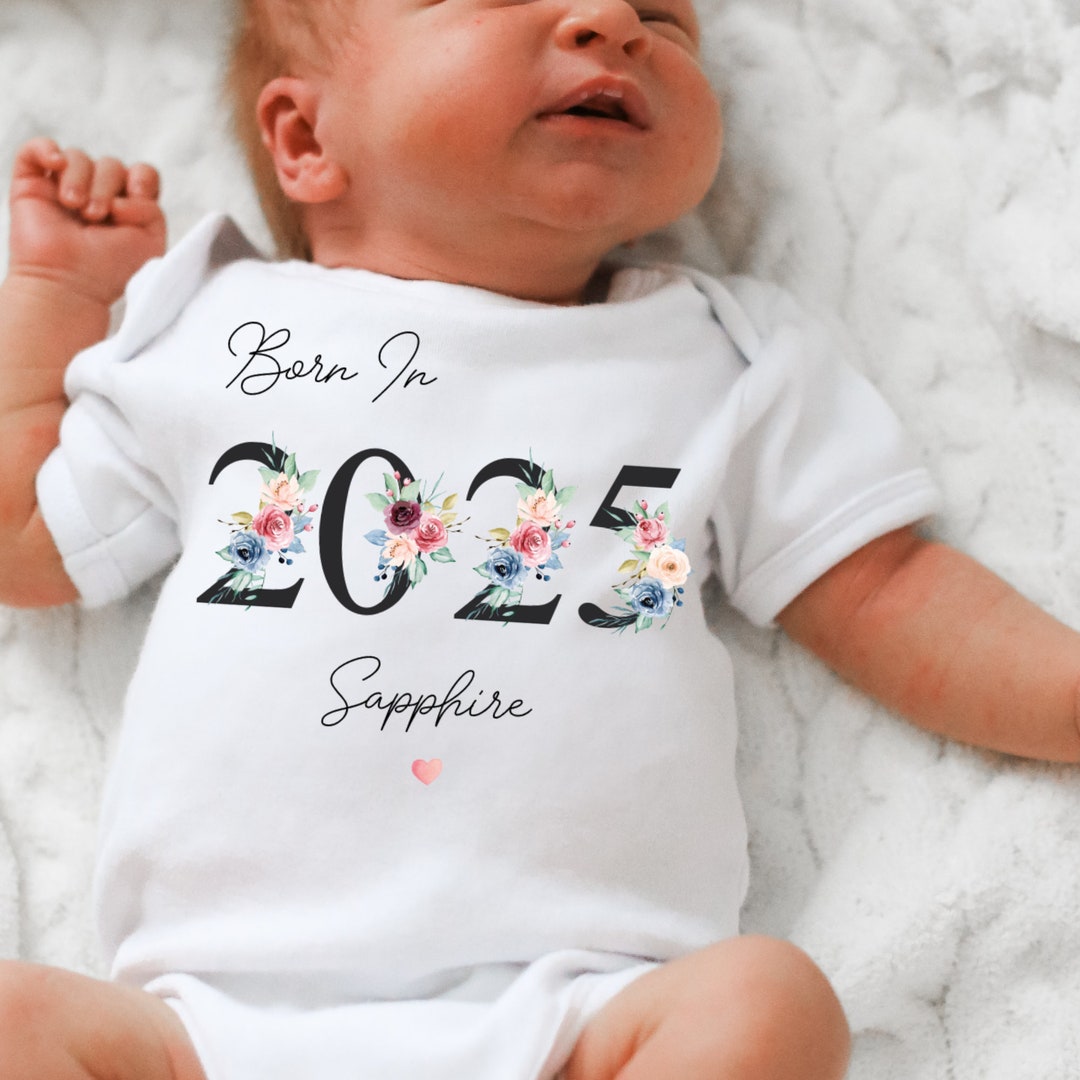 Personalised Born in 2025 Baby Vest, Floral Baby Sleepsuit, Personalised Baby Romper, New Baby
