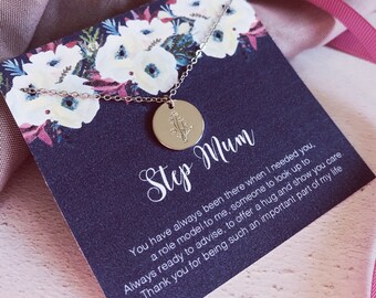 Floral Necklace for Stepmum, Stepmother Gift, Message Card Poem Bonus Mum, Mothers day Gift Second Mum, Floral Necklace, Gold Flower Gift