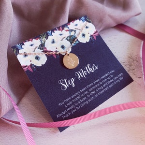 Blumenhalskette für Stiefmutter, Stiefmutter Geschenk, Nachrichtenkarte Gedicht Bonus Mama, Muttertagsgeschenk zweite Mutter, Blumenhalskette, Goldblumengeschenk