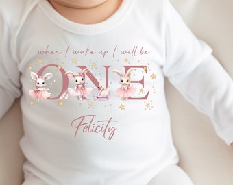 Bunny Ballerina Birthday sleepsuit, Birthday vest, When I wake up I’ll be One, 1st Birthday, My First Birthday Romper, Dancer Baby Outfits