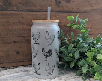Chicken and Rooster Glass Tumbler- Iced Coffee Cup, Beer Can Mug, Bamboo Lid, Reusable Straw, Glass Cup,