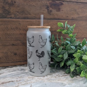 Chicken and Rooster Glass Tumbler- Iced Coffee Cup, Beer Can Mug, Bamboo Lid, Reusable Straw, Glass Cup,