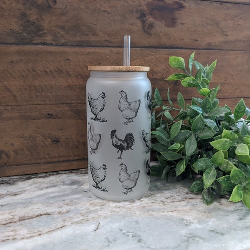 Chicken and Rooster Glass Tumbler- Iced Coffee Cup, Beer Can Mug, Bamboo Lid, Reusable Straw, Glass Cup,