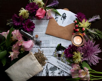 Kit ritual de sabiduría vegetal: baño de sales de hisopo, esencia floral y cartas del oráculo.