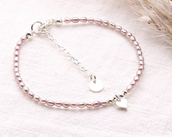 Filigranes Perlenarmband, rosè, mit einem kleinen Herzchen, Sterling Silber