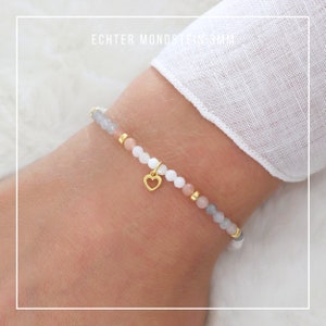 Filigree bracelet made of real moonstone with a small heart, silver, gold-plated and rose gold-plated, gift for communion or Mother's Day