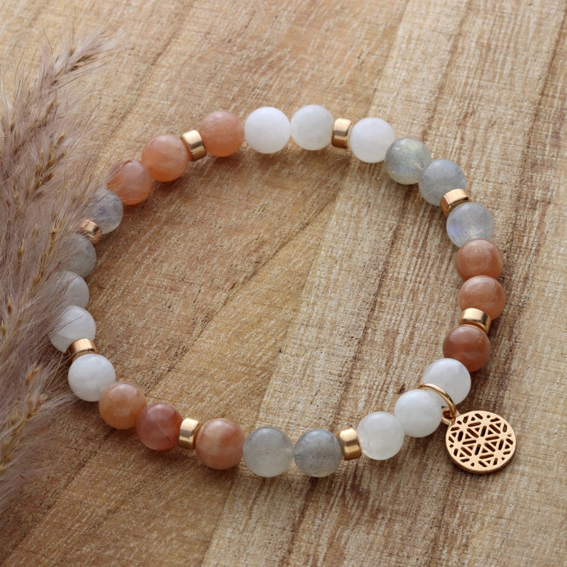 Armband aus echten Mondsteinen mit Lebensblume vergoldet oder rosè vergoldet, Schmuckgeschenk Bild 7