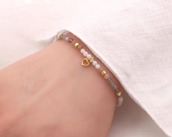 Delicate bracelet made of genuine moonstone with a small heart, silver, gold-plated and rose gold-plated, a beautiful birthday gift.