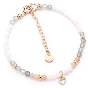 Filigranes Armband aus echtem Mondstein mit kleinem Herz, Silber, vergoldet und rosè vergoldet, Geschenk zur Kommunion oder zum Muttertag rosè vergoldet