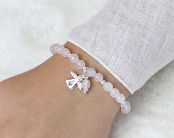 Rose quartz bracelet with guardian angel silver, gift for communion, elastic