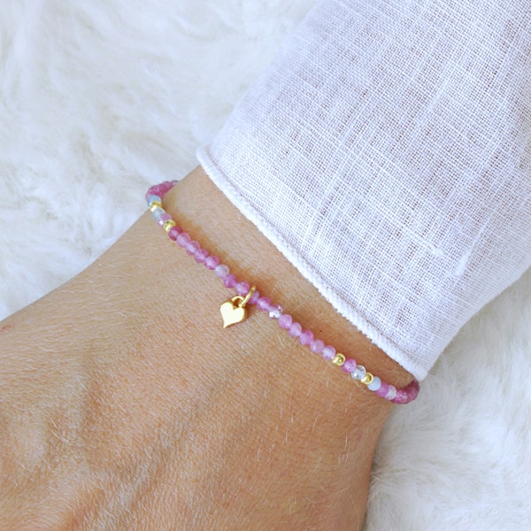 Filigranes Armband aus echtem pink Turmalin mit Aquamarin, verziert mit einem zarten Herz - Silber oder vergoldet, verstellbar