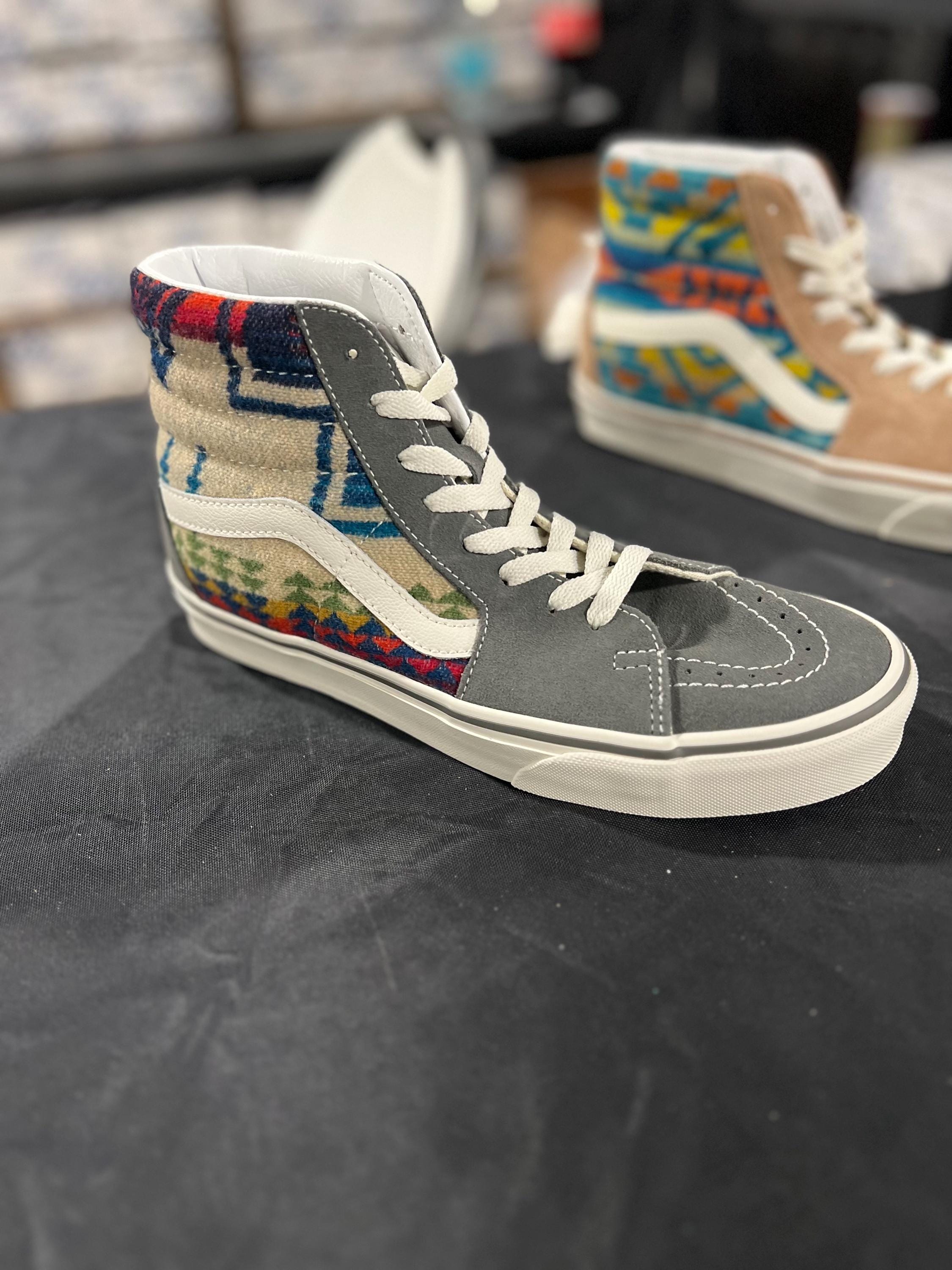All Nations Skate Jam x Vans with Pendleton shoes Grey Sk8 HIs! Listed in men’s sizes