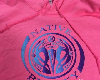 Native Beauty Pink Hoodie blue and purple swirl type screen print