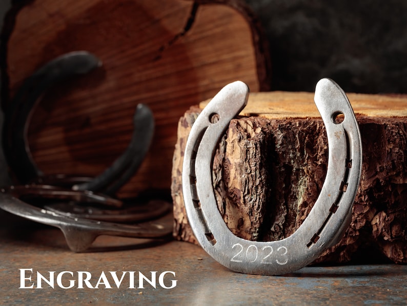 May include: A silver horseshoe with the year 2023 engraved on it, resting on a wooden log. The horseshoe is a symbol of good luck and fortune.