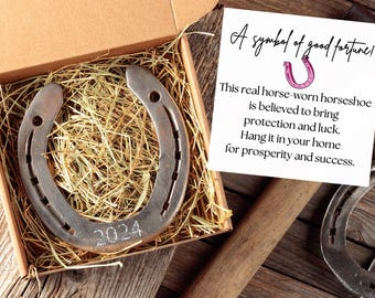Real Horse-Worn Lucky Horseshoe with Engraving – Good Luck Charm with Gift Box and Card for Protection and Fortune, Unique Gift Idea for Her