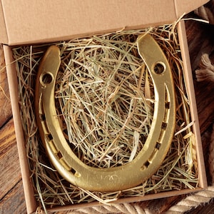 May include: A gold horseshoe in a cardboard box with straw filling. The box is open and the horseshoe is visible.