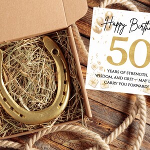 Cadeau 50e anniversaire pour homme - Fer à cheval porte-bonheur personnalisé avec carte | Souvenir unique de bonne chance pour papa, mari, frère ou ami