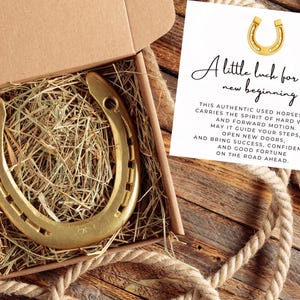 Pode incluir: Uma ferradura dourada numa caixa de cartão cheia de palha. A caixa está sobre uma superfície de madeira com uma borda de corda. Também está presente um cartão com o texto "A little luck for your new beginning".