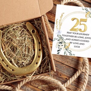 Regalo de 25.º aniversario: recuerdo de las bodas de plata con herradura auténtica / Tarjeta personalizada con mensaje de amor y suerte / Idea de regalo única