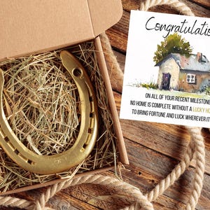 Cadeau de pendaison de crémaillère personnalisée Fer à cheval porte-bonheur avec carte de pendaison de crémaillère | Décoration rustique pour maison neuve, bénédiction de la chance