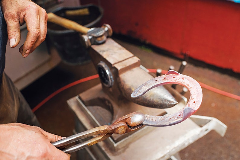 May include: A blacksmith forges a horseshoe on an anvil. The horseshoe is held with tongs and is glowing red-hot. A hammer and a bucket are in the background. The scene is set in a workshop with a red wall.